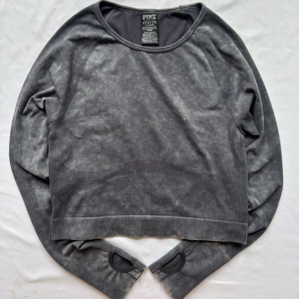 victoria’s secret PINK seamless cropped long sleeve workout top acid wash grey
